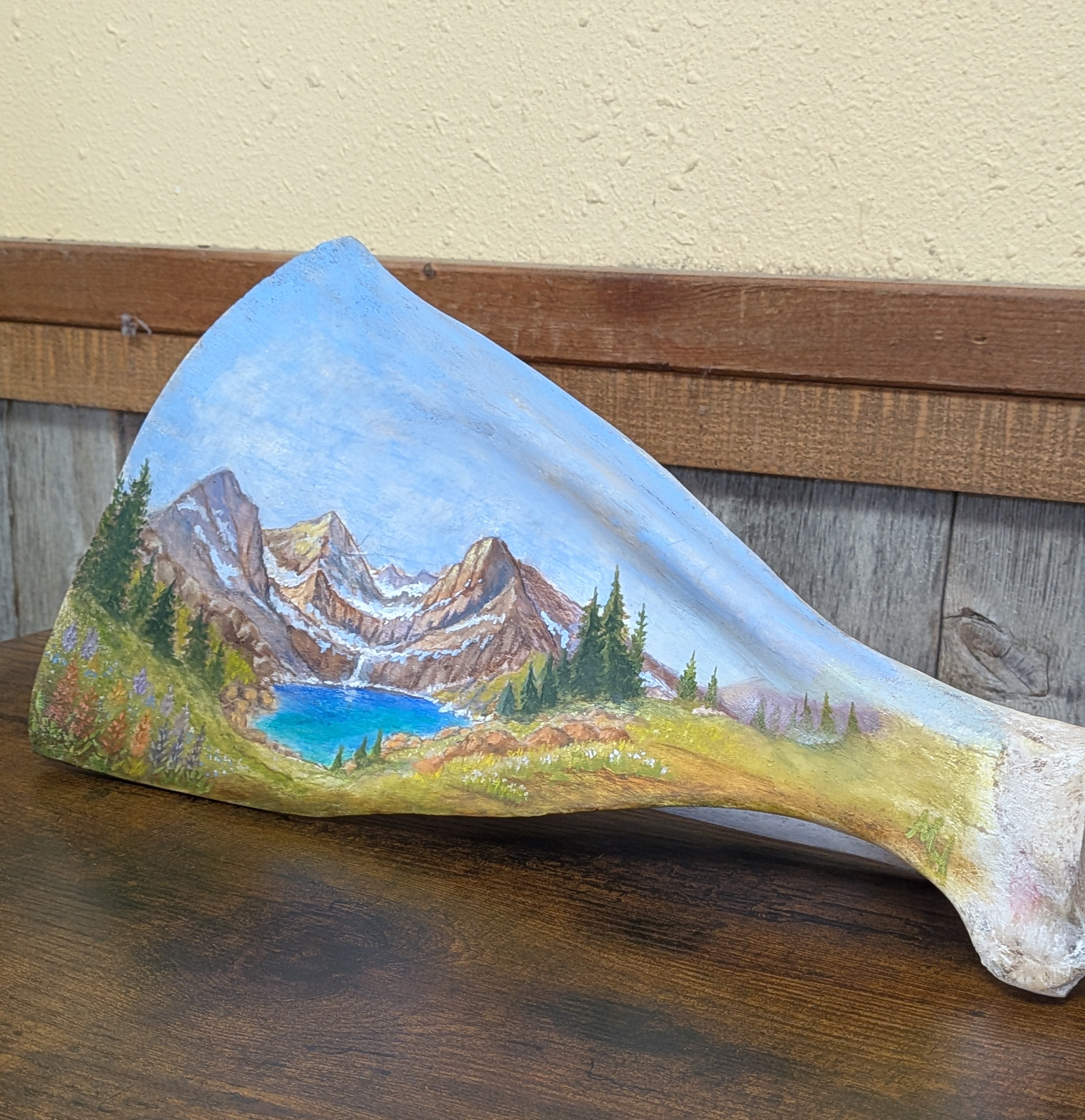 Grinnell Lake painted on elk scapula
